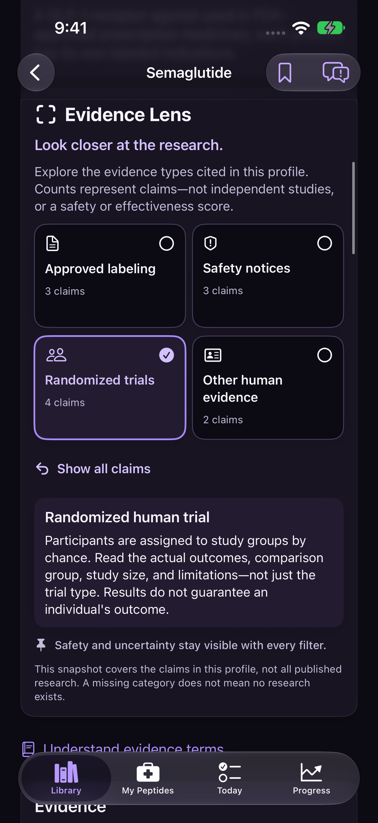 Evidence Lens with study-type filters and a randomized human trial explanation.