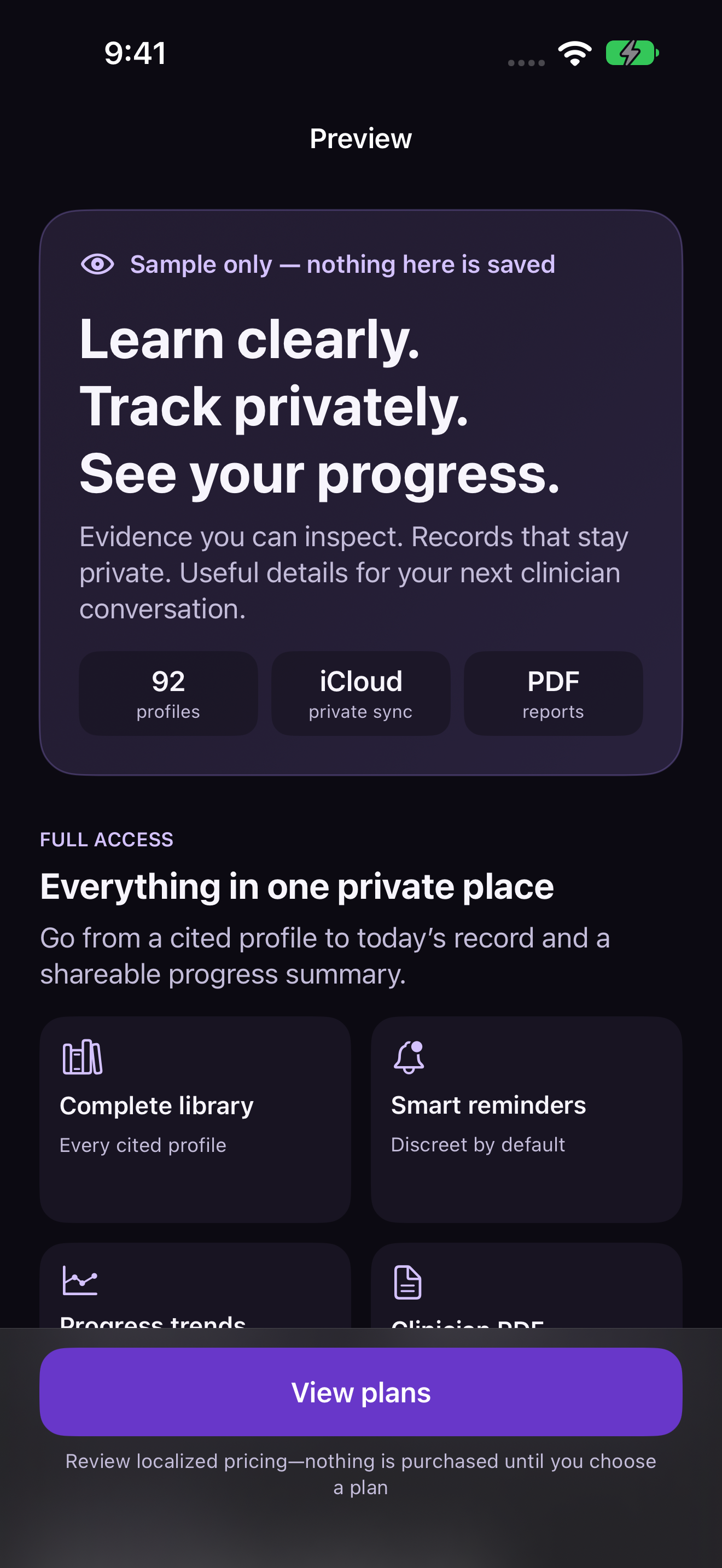 Peptide Clarity’s sample experience, explaining library, private records, and progress tools before subscription plans.